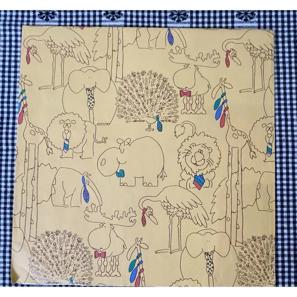 Vintage Gift Wrap Circus Clowns & Animals in Ties Yellow 80s Moose Peacock Paper